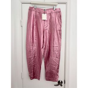 Lanhtropy Watermelon Pink Lime Gramercy Metallic Linen Pants Joggers Medium NWT